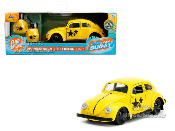 1959 Volkswagen Beetle Yellow with Black Graphics and Boxing Gloves Accessory "Punch Buggy Series" 1/32 Diecast Model Car by Jada