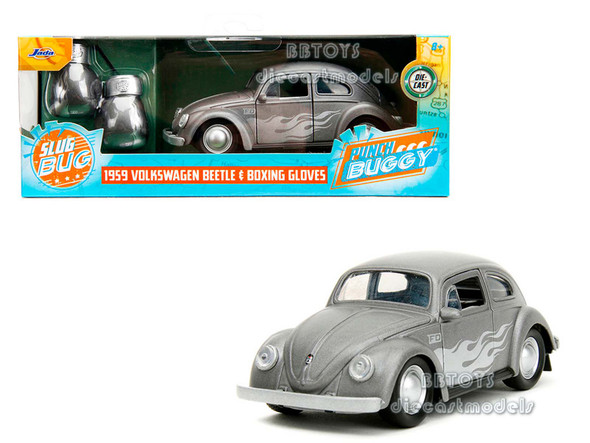 1959 Volkswagen Beetle Gray Metallic with Silver Flames and Boxing Gloves Accessory "Punch Buggy Series" 1/32 Diecast Model Car by Jada