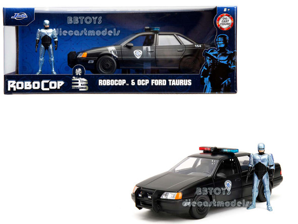 Ford Taurus OCP Matt Black "Detroit Police" and Robocop Diecast Figure 35th Anniversary "Robocop" (1987) Movie "Hollywood Rides" Series 1/24 Diecast Model Car by Jada