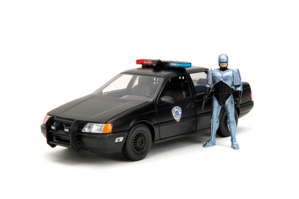 Ford Taurus OCP Matt Black "Detroit Police" and Robocop Diecast Figure 35th Anniversary "Robocop" (1987) Movie "Hollywood Rides" Series 1/24 Diecast Model Car by Jada