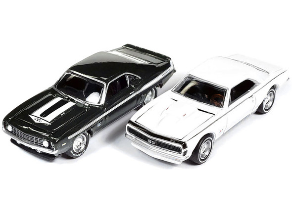 1969 Chevrolet Camaro Fathom Green Metallic with White Stripes and 1967 Chevrolet Camaro White with Black Nose Stripe "Yenko" Set of 2 Cars 1/64 Diecast Model Cars by Johnny Lightning