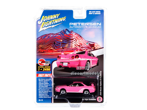 2000 Nissan Skyline GT-R (BNR34) RHD (Right Hand Drive) Pink with White Graphics and Interior "Petersen Automotive Museum" 1/64 Diecast Model Car by Johnny Lightning