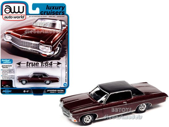 1970 Chevrolet Impala Custom Coupe Black Cherry Metallic with Black Vinyl Top "Luxury Cruisers" 1/64 Diecast Model Car by Auto World