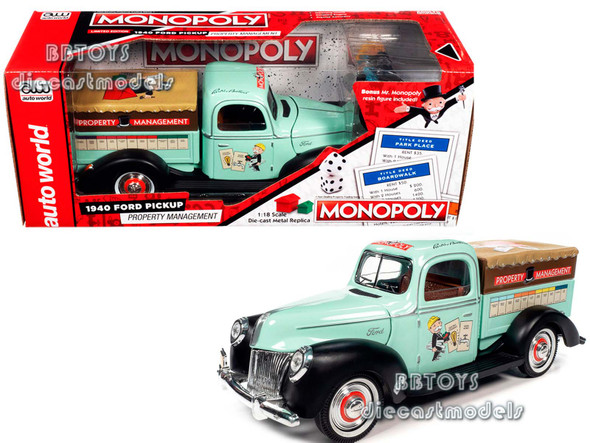 1940 Ford Pickup Truck "Property Management" Light Green with Graphics and Mr. Monopoly Construction Resin Figure "Monopoly" 1/18 Diecast Model Car by Auto World