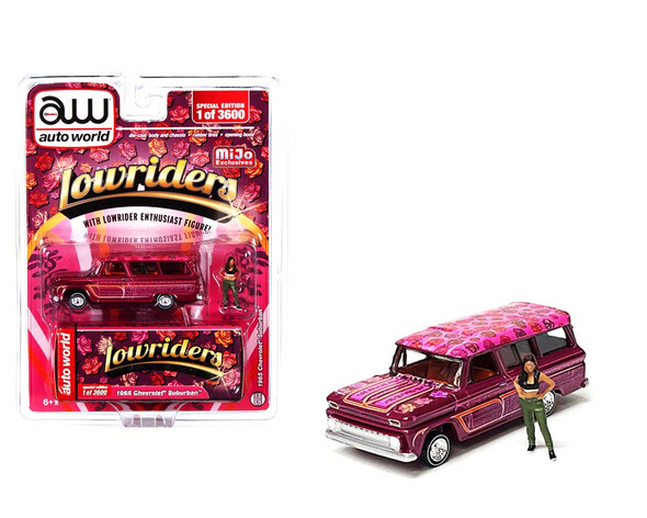 1957 Chevrolet Suburban Lowrider Pink Metallic with Graphics and American Diorama Lowrider Enthusiast Diecast Figure 1/64 Diecast Model Car by Auto World