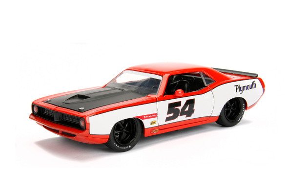 1973 Plymouth Barracuda Racing Version #54 Red and white with Black Hood "Bigtime Muscle" 1/24 Diecast Model Car by Jada