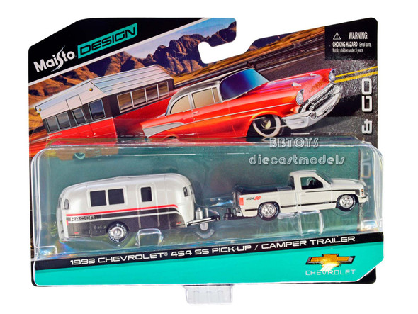 1993 Chevrolet 454 SS Pickup Truck White Metallic with Black Graphics and Camper Trailer White Metallic and Black "Tow & Go" Series 1/64 Diecast Model by Maisto