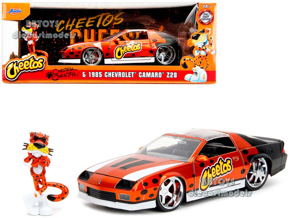 1985 Chevrolet Camaro Z/28 Orange Metallic with Graphics and Chester Cheetah Diecast Figure "Cheetos" "Hollywood Rides" Series 1/24 Diecast Model Car by Jada