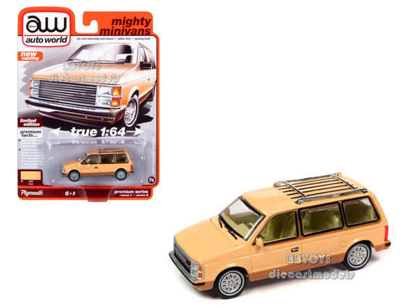 1985 Plymouth Voyager Minivan Cream with Roofrack "Mighty Minivans" 1/64 Diecast Model Car by Auto World