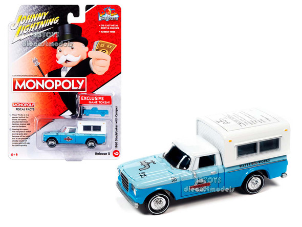 1960 Studebaker Pickup Truck Light Blue and Blue Two-Tone with Camper "Water Works" with Game Token "Monopoly" "Pop Culture" 1/64 Diecast Model Car by Johnny Lightning