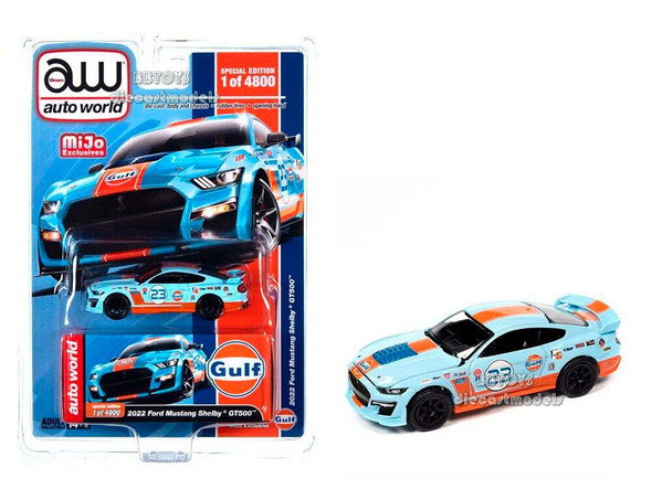 2022 Ford Mustang Shelby GT500 #23 Light Blue with Orange Stripes "Gulf Oil" 1/64 Diecast Model Car by Auto World
