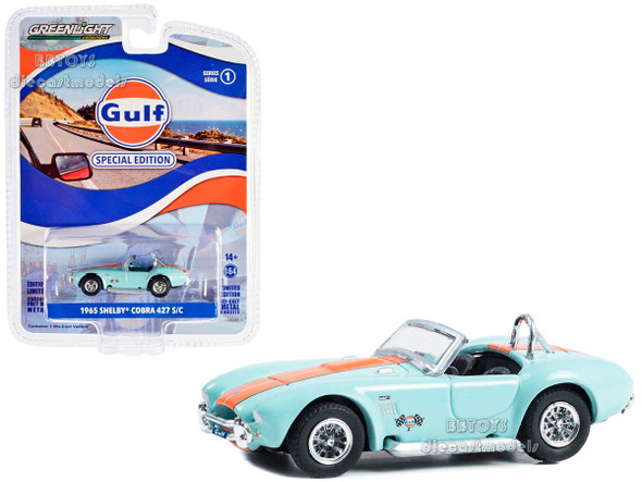 1965 Shelby Cobra 427 S/C Light Blue with Orange Stripe "Gulf Oil Special Edition" Series 1 1/64 Diecast Model by Greenlight