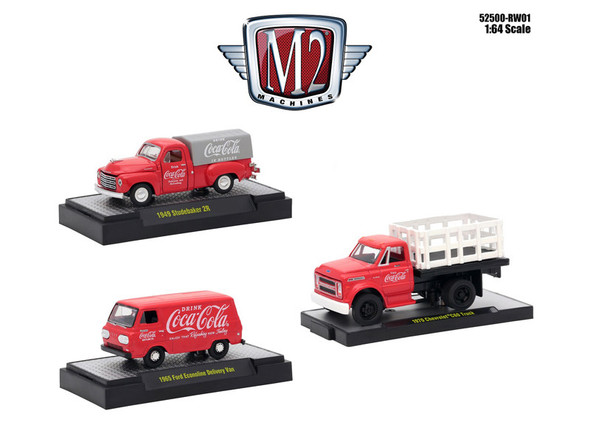 Coca-Cola Set of 3 Cars Release 1 Limited Edition to 4800 pieces Worldwide Hobby Exclusive 1/64 Diecast Models by M2 Machines