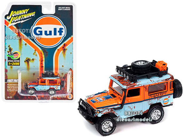 1980 Toyota Land Cruiser Light Blue and Orange (Rusted Version) "Gulf Oil" with Roof Rack 1/64 Diecast Model Car by Johnny Lightning