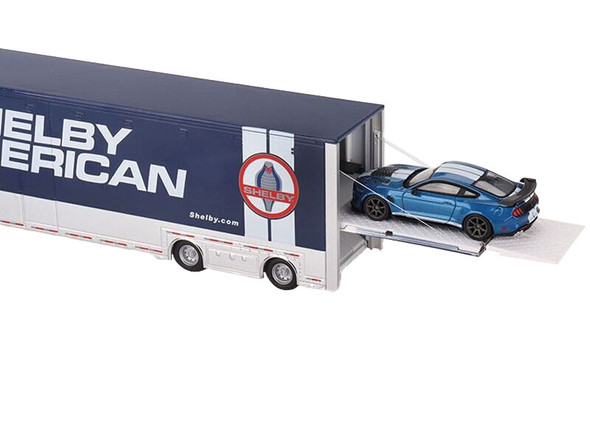 Western Star 49X with Racing Transporter and Shelby GT500 SE Widebody Ford Performance Blue Metallic with White Stripes "Shelby American" 2 Piece Set 1/64 Diecast Model Cars by True Scale Miniatures