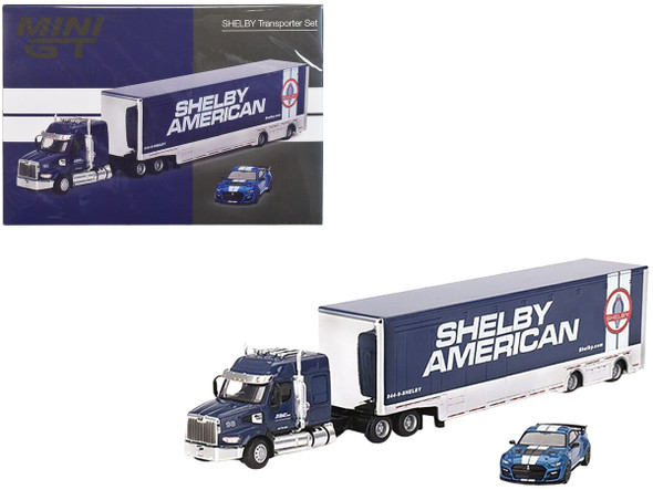 Western Star 49X with Racing Transporter and Shelby GT500 SE Widebody Ford Performance Blue Metallic with White Stripes "Shelby American" 2 Piece Set 1/64 Diecast Model Cars by True Scale Miniatures