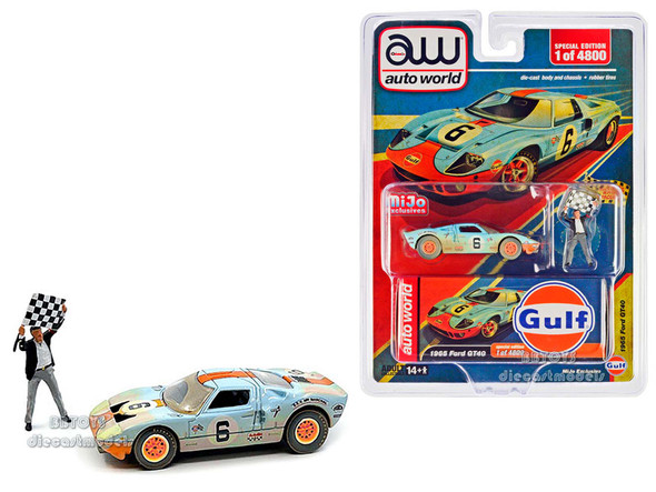 1965 Ford GT40 #6 Light Blue with Orange Stripe (Race Worn Version) "Gulf Oil" with Flag Man Figure1/64 Diecast Model Car by Auto World