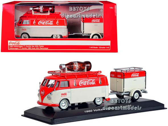 1960 Volkswagen T1 Kombi Van with Trailer Red and Cream "Coca Cola" 1/43 Diecast Model Car by Motorcity Classics