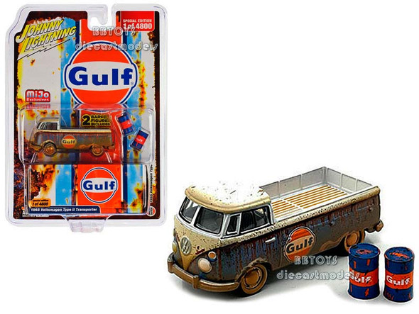 1965 Volkswagen Type 2 Transporter Pickup Truck Blue and White (Rusted) "Gulf Oil" with 2 Barrel Figures 1/64 Diecast Model Car by Johnny Lightning