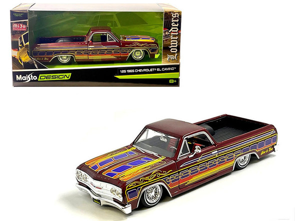 1965 Chevrolet El Camino Lowrider Candy Red Metallic with Graphics "Lowriders" Series 1/25 Diecast Model Car by Maisto