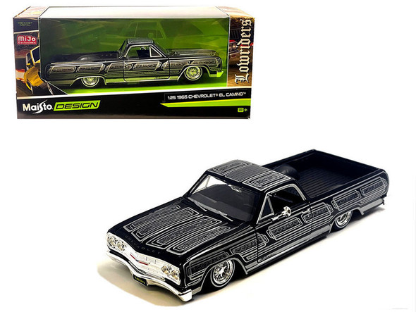 1965 Chevrolet El Camino Lowrider Black Metallic with Silver Graphics "Lowriders" Series 1/25 Diecast Model Car by Maisto