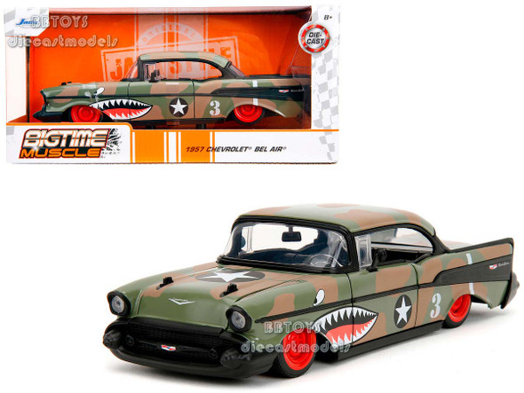 1957 Chevrolet Bel Air #3 Camouflage with Shark Mouth Graphics "Bigtime Muscle" Series 1/24 Diecast Model Car by Jada