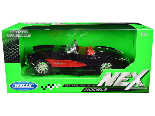 1957 Chevrolet Corvette Convertible Black and Red with Red Interior "NEX Models" 1/24  Model Car by Welly
