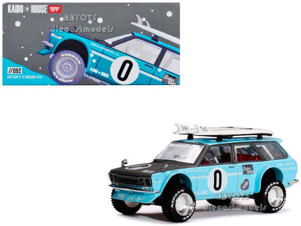 Datsun Kaido 510 Wagon 4x4 RHD (Right Hand Drive) Light Blue with Carbon Hood with Surfboards on Roof " (Designed by Jun Imai) "Kaido House" Special 1/64 Diecast Model Car by True Scale Miniatures