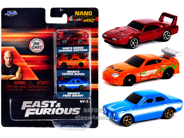 Fast & Furious 3 piece Set "Nano Hollywood Rides" Series 1 Diecast Model Cars by Jada