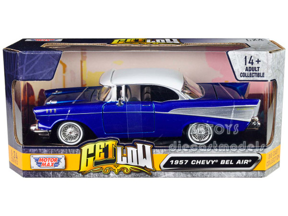 1957 Chevrolet Bel Air Lowrider Candy Blue with White Top "Get Low" Series 1/24 Diecast Model Car by Motormax