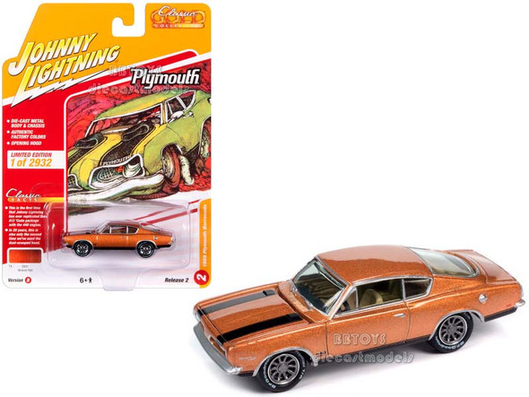 1969 Plymouth Barracuda Bronze Fire Metallic with Black Stripes "Classic Gold Collection" 2023 Release 2 1/64 Diecast Model Car by Johnny Lightning