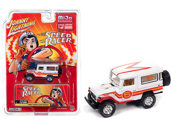 1980 Toyota Land Cruiser White with Red and Yellow Stripes "Speed Racer" Livery  1/64 Diecast Model Car by Johnny Lightning