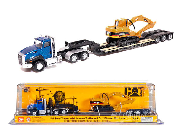 CAT Caterpillar CT660 Day Cab Tractor Blue Metallic with Lowboy Trailer and CAT 315C L Hydraulic Excavator Yellow 1/87 (HO) Diecast Model by Diecast Masters