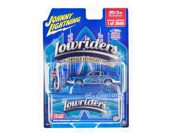 1984 Oldsmobile Cutlass Lowrider Blue Metallic with Graphics and Blue Interior and Diecast Figure 1/64 Diecast Model Car by Johnny Lightning