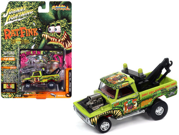 1965 Chevrolet Tow Truck "Rat Fink - The Fix Is In" Showtime Green with "Rat Fink" Graphics "Zingers! "Street Freaks" Series 1/64 Diecast Model Car by Johnny Lightning