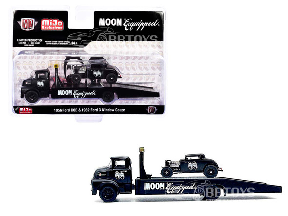 1956 Ford COE Ramp Truck Matt Black and 1932 Ford 3 Window Coupe Matt Black "Mooneyes" 1/64 Diecast Model by M2 Machines