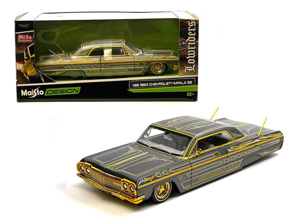 1964 Chevrolet Impala SS Lowrider Grey with Gold Graphics "Lowriders" Series 1/25 Diecast Model Car by Maisto