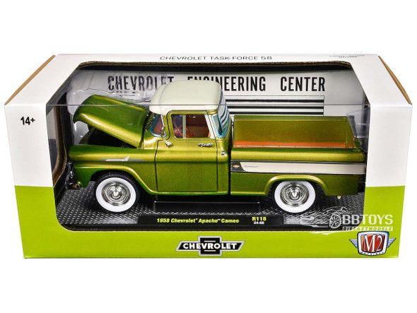 1958 Chevrolet Apache Cameo Pickup Truck Olive Green Metallic with Wimbledon White Top 1/24 Diecast Model Car by M2 Machines