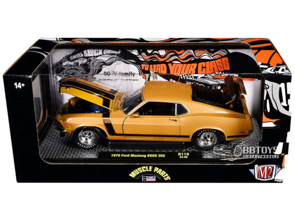 1970 Ford Mustang BOSS 302 Gold Metallic with Black Stripes 1/24 Diecast Model Car by M2 Machines