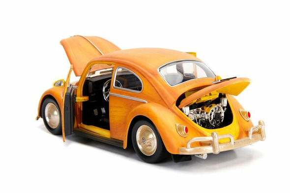1971 Volkswagen Beetle Weathered Yellow with Robot on Chassis and Charlie Diecast Figurine "Bumblebee"  Transformers" Series "Hollywood Rides" 1/24  Model Car by Jada Toys