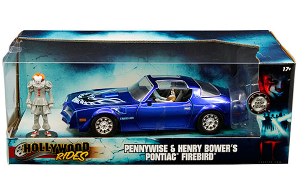 Henry Bower's Pontiac Firebird Trans Am Candy Blue with Pennywise Diecast Figurine "It Chapter Two" (2019) Movie 1/24 Diecast Model Car by Jada