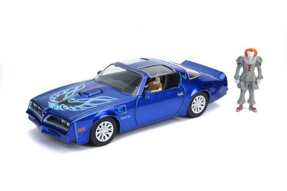 Henry Bower's Pontiac Firebird Trans Am Candy Blue with Pennywise Diecast Figurine "It Chapter Two" (2019) Movie 1/24 Diecast Model Car by Jada