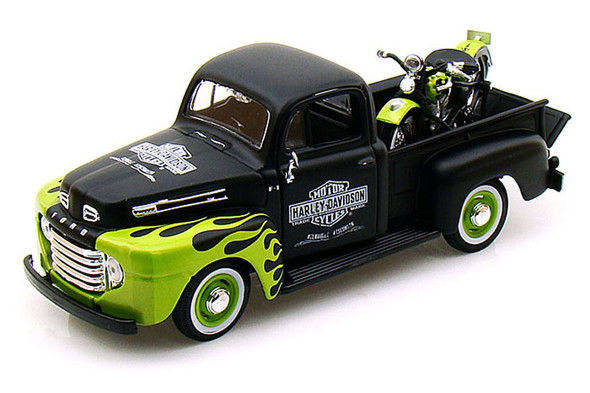 1948 Ford F-1 Pickup Truck "Harley Davidson" with 1948 Harley Davidson Motorcycle Black and Green 1/24 Model car  by Maisto