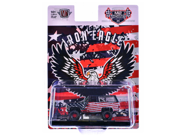 1974 Chevrolet K5 Blazer "Iron Eagle" Dark Blue with American Flag Graphics 1/64 Diecast Model Car by M2 Machines