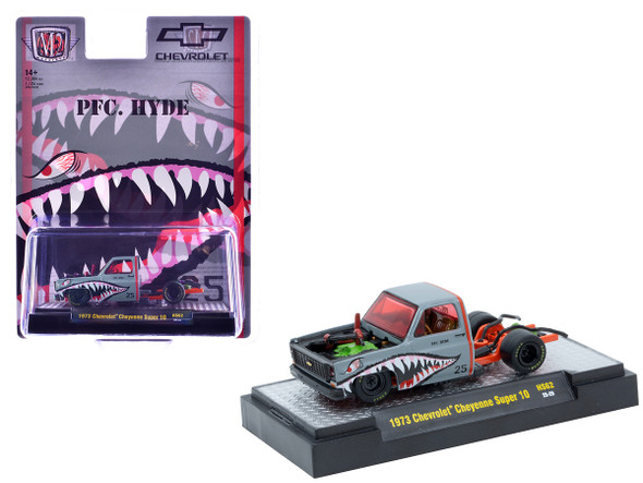 1973 Chevrolet Cheyenne Super 10 Bedless Truck "PFC. Hyde" Gray with Shark Mouth Graphics "Lowriders"  1/64 Diecast Model Car by M2 Machines