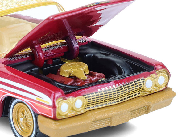 1963 Chevrolet Impala Lowrider "Michael Heralda Special Edition" Red Metallic with Cream Top and Interior with Gold Graphics "Hobby Exclusive" Series 1/64 Diecast Model Car by Greenlight