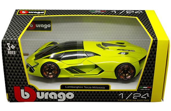 Lamborghini Terzo Millennio Lime Green with Black Top and Carbon Accents 1/24 Diecast Model Car by Bburago