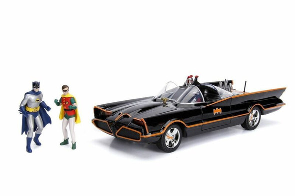 Classic TV Series Batmobile with Working Lights, and Diecast Batman and Robin Figures "80 Years of Batman" 1/18 Diecast Model Car by Jada