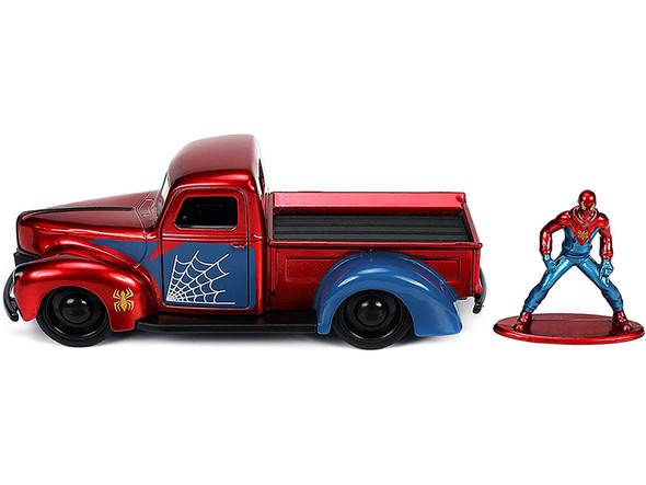 1941 Ford Pickup Truck Candy Red and Blue and Proto-Suit Spider-Man Diecast Figurine Marvel Series Hollywood Rides Series 1/32 Diecast Model Car by Jada