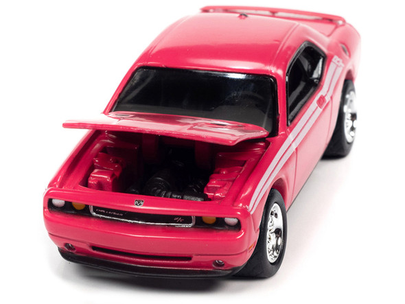 2010 Dodge Challenger R/T Furious Fuchsia Pink with White Stripes and Collector Tin  1/64 Johnny Lightning Toys